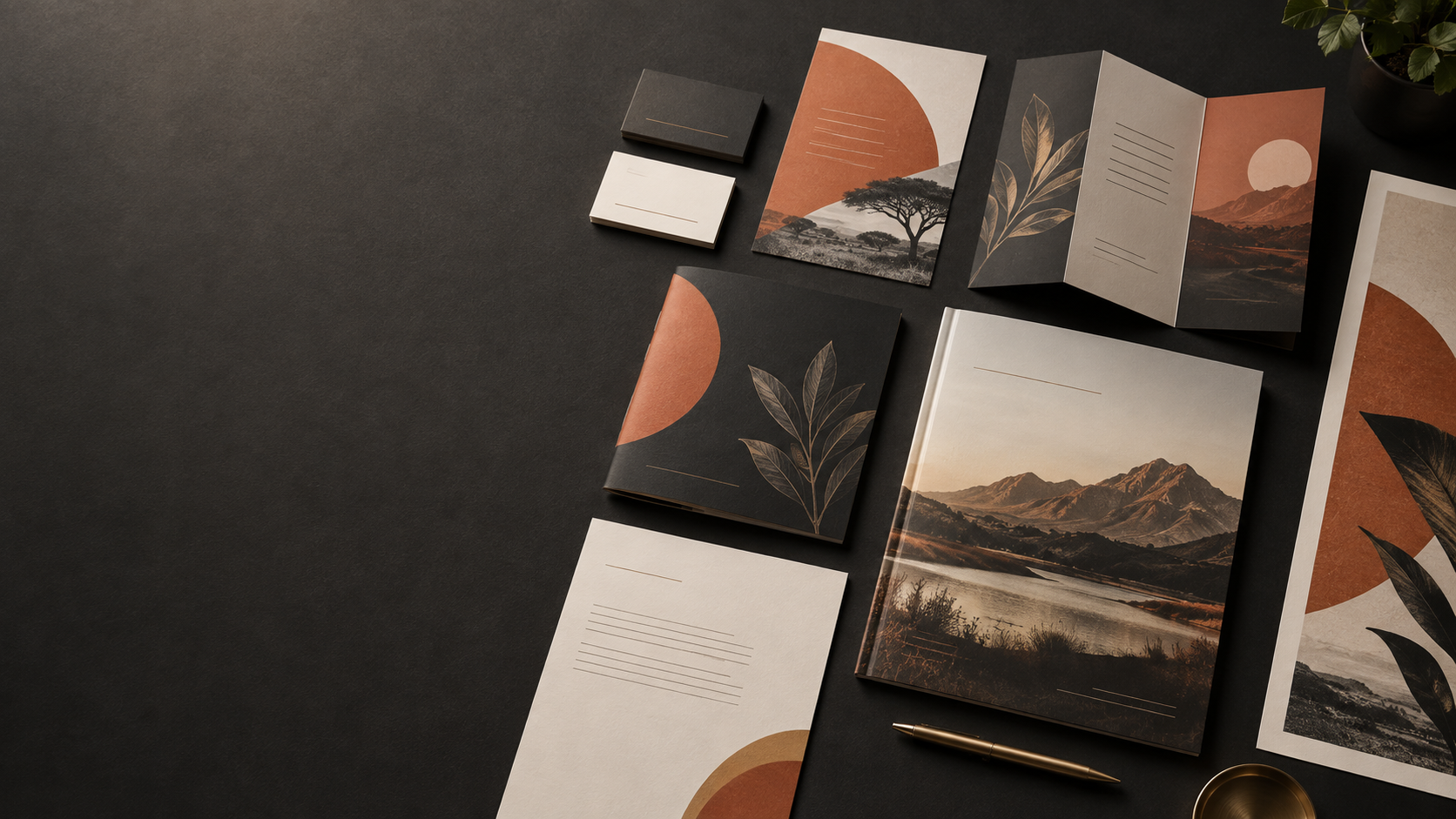 Coordinated business cards, brochures, booklets, catalogues, and letterheads arranged on a dark print studio surface